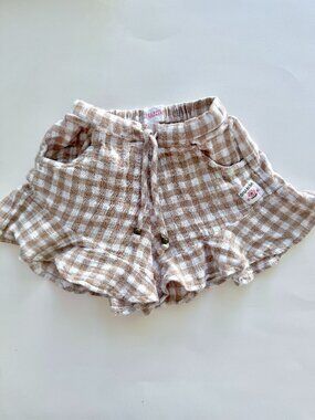 Ghanda Girls Tan Gingham Ruffle Shorts Sz 3-4 Cotton Gauze Neutral Beach